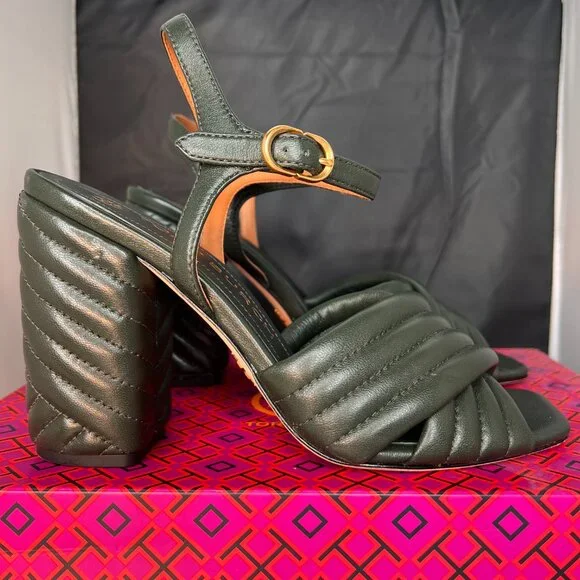 TORY BURCH Kira Quilted Block Heel Dark Seaweed Sandals size 8.5 - Picture 2 of 11